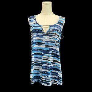 Blue/White Abstract Print Tank Top w/ Keyhole & Metal Detail